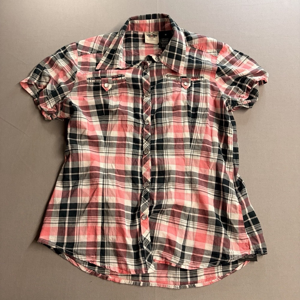 Harley Davidson Women Medium Pink Plaid Pearl Snap Rhinestone Biker Shirt Cotton